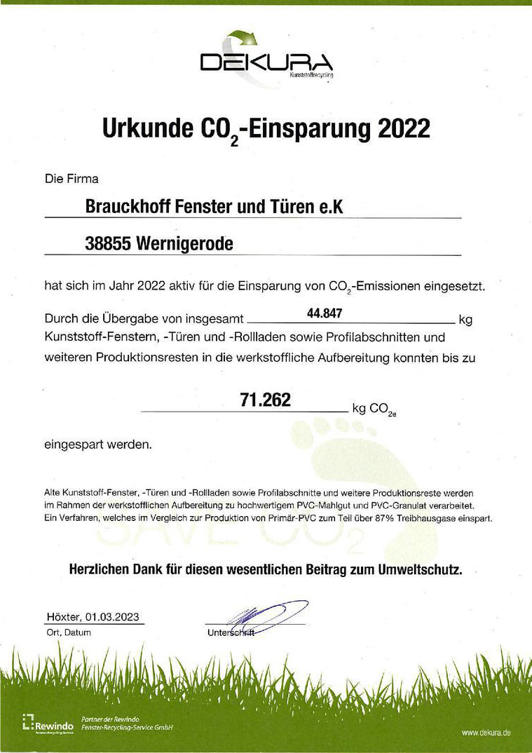 Urkunde CO2-Einsparung 2022